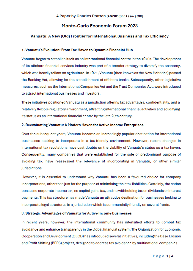 A Paper by Charles Pratten. Monte-Carlo Economic Forum 2023. Vanuatu. A New (Old) Frontier www.charlespratten.com